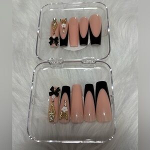 Chic Nude and Black Press-On Nails with Embellishments